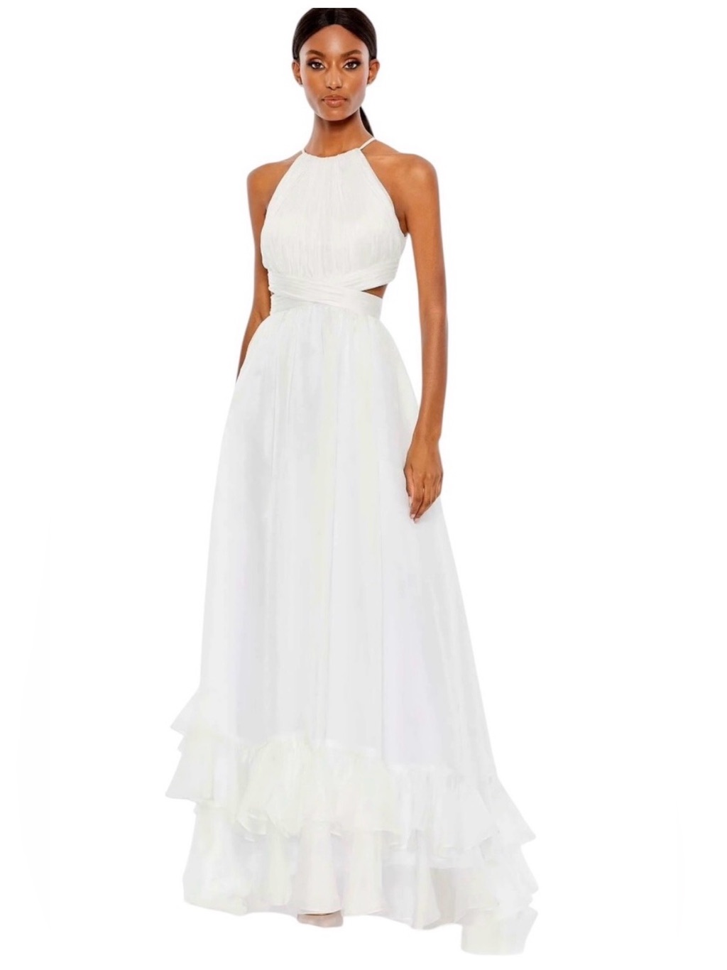Mac Duggal Elegant White Halter Maxi Dress With Ruffle Hem Style 49530